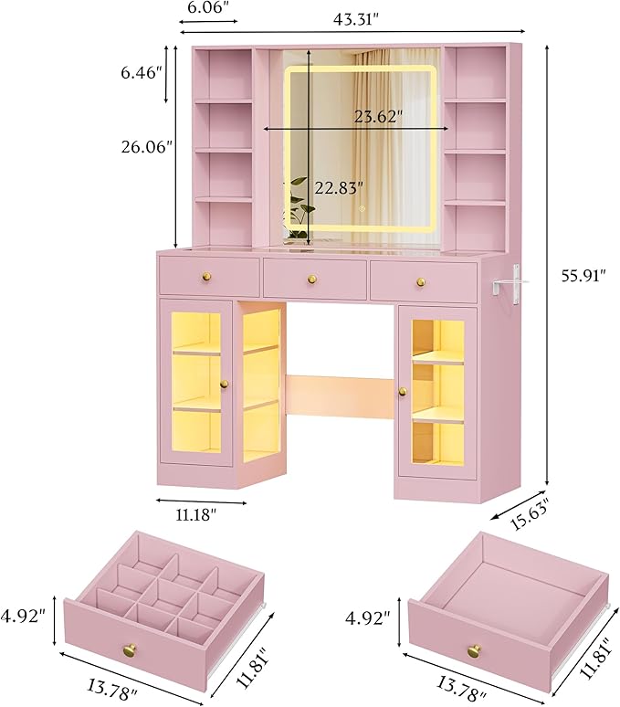 Makeup Vanity Desk with Mirror and Lights, 43" Pink Vanity with Glass Top, Jewelry Storage, 3 Drawers & Glass Cabinets, Power Outlet & Adjustable LED Lights, Dressing Table for Women & Girls Bedroom