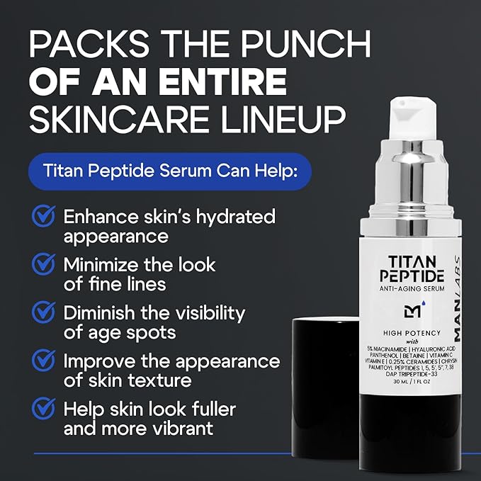 Man Labs Titan Anti-Aging Peptides Serum for Face – High Potency Mens Peptide Serum Moisturizer – Mens Skin Care – Men, Dark Spots, Wrinkles, Fine Lines – Peptides, 5% Niacinamide, HA – Unscented