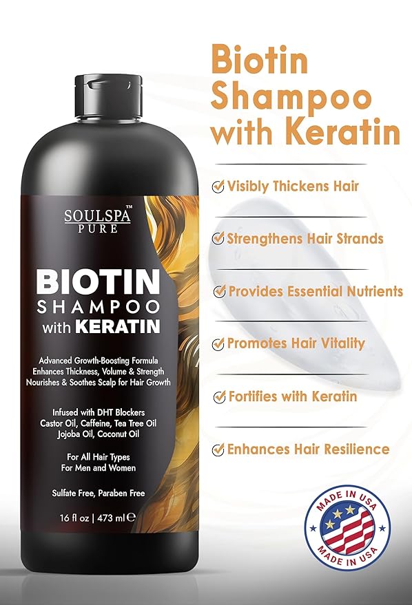 SOULSPA PURE Biotin Shampoo with Keratin - Advanced Anti-Thinning, Hair Growth & Repair Formula - Soothes Scalp, with Tea Tree Oil & DHT Blockers - Strong, Healthy Hair for Men & Women - 16 fl oz