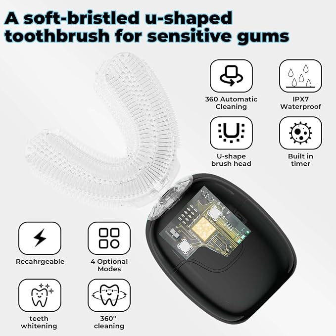 U Shaped Electric Toothbrush for Adults, Rechargeable Electric Toothbrush with 360° U Brush Nylon Bristles, 3 Brushing Modes, IPX7 Waterproof, Home & Travel Use