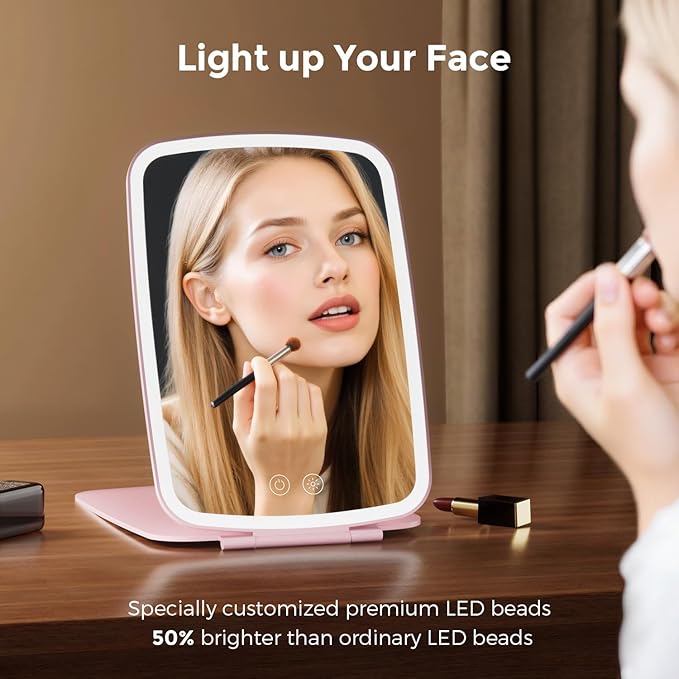 Rechargeable Folding Makeup Mirror with LED Lights, 10" x 7" Large View, 3 Lighting Modes, 2000mAh Battery & Magnetic Closure for Home & Travel (Pink)