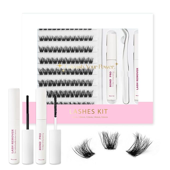 Lash Extension Kit DIY Lash Clusters 10-16mm 96pcs Individual Lashes Clusters Soft Thin Band Natural Volume Eyelash Extension with Lash Bond and Remover, Lash Tweezers for Self Use 30#
