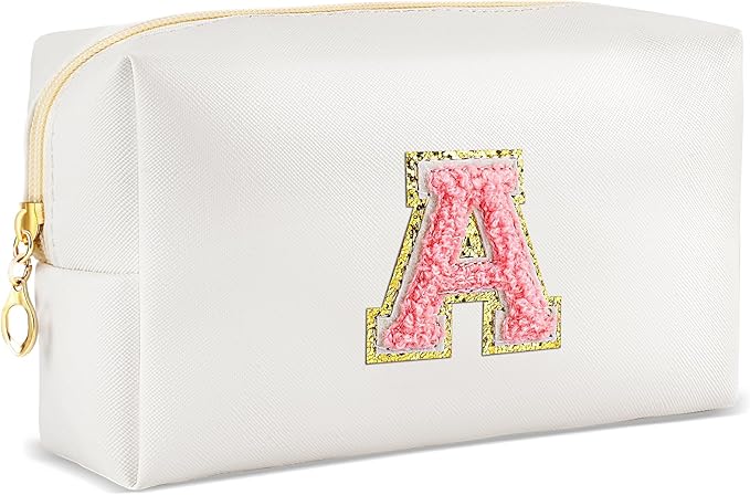 URSKYTOUS Initial Makeup Bag Personalized Preppy Travel Small Cosmetic Bag Cute PU White Chenille Letter Makeup Pouch for Purse Waterproof Zippered Toiletry Organizer for Women Girls Kids Friends (A)