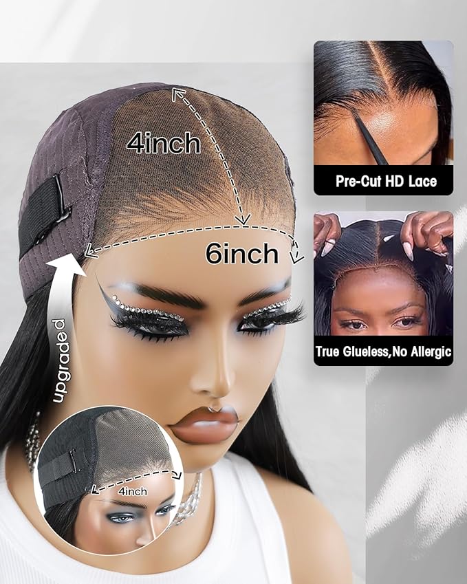 Glueless Drawstring Wigs Human Hair Pre plucked Pre Cut, 6x4 HD Lace Front Wear and Go Glueless Wig Straight with Drawstring Straight for Women 200% Density 20 inch