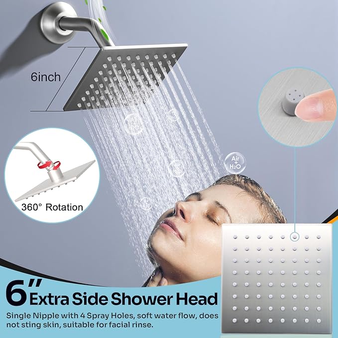 HOMEDEC Couples Luxury Shower System, 16x32" Rain and 6" Side Shower Heads, 4-Way Diverter Valves Multi-Function Shower Faucet Set, Brushed Nickel