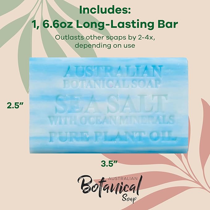 Australian Botanical Soap Sea Salt with Ocean Minerals 6.6 oz Triple Milled Luxury Soap Bar Enriched with Shea Butter, Suitable for Men, Women and All Skin Types, Pack of 1