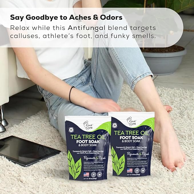 FOOT CURE Tea Tree Oil Foot Soak with Epsom Salt - Best Toenail Fungus Treatment, Athletes Foot & Softens Calluses - Soothes Sore & Tired Feet, Fungal Toe, Foot Odor Scent, Spa Pedicure (Pack of 2) | Tea Tree Oil, with Epsom Salt, Fungal Toe, Foot Odor...