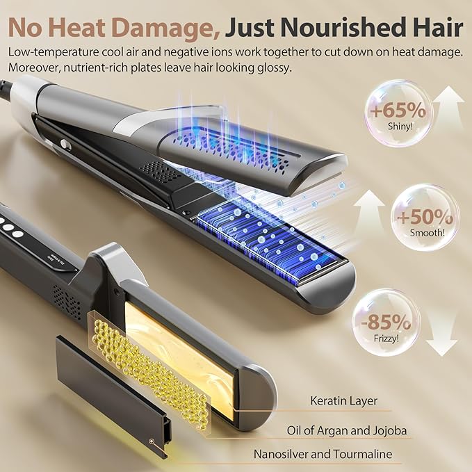 Quico Air Straightener, Ionic Wet to Dry Hair Straightener with High-Speed Airflow, 5 Temps & Dual Voltage 2-in-1 Flat Iron and Hair Blow Dryer Straightener, No Heat Damage, No Hot Plates, Black Grey