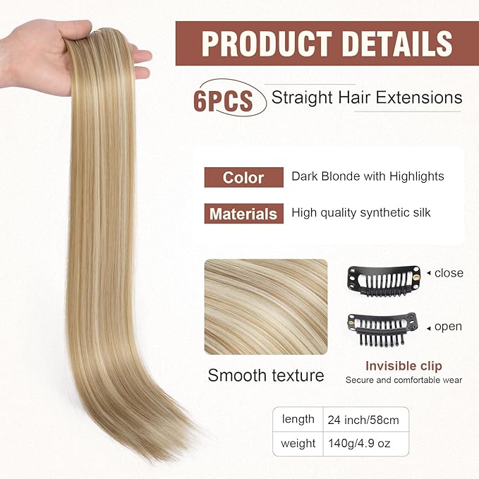 FLUFYMOOZ 6PC Clip in Hair Extensions 24" Straight Long Extensions for Women Synthetic Hairpiece (Dark Blonde with Highlights)