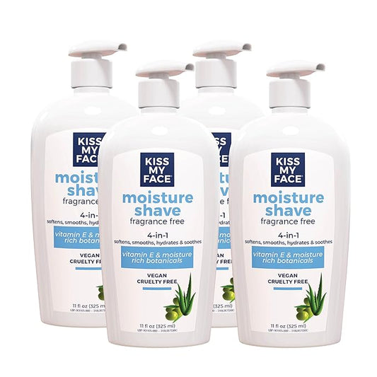 Kiss My Face Moisture Shave Cream, Fragrance Free Shaving Cream for Men and Women, 11 oz Pump Bottle, 4 Pack (Packaging May Vary)