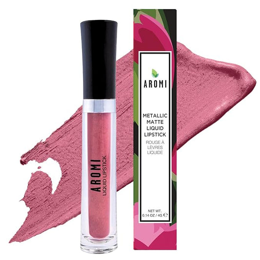 Aromi Dusty Rose Metallic Liquid Lipstick | Rosy Pink Chestnut Lip Color with Shimmery Finish, Vegan, Cruelty-free, Long-lasting, Waterproof (Alpine Bloom)