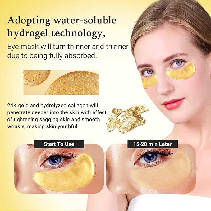 PEAUAMIE Under Eye Patchs 24k Gold Eye Mask and Hyaluronic Acid and Rose for Dark Circles and Puffiness Wrinkle Eye Bags 30 Pairs