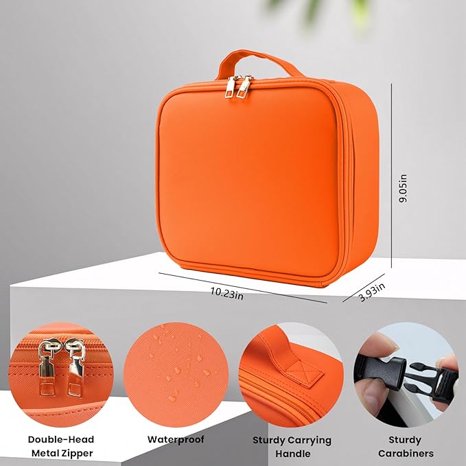 SUILU Travel Makeup Bag with LED Mirror and Light Travel Makeup Case Cosmetic Organizer Portable Cosmetic Brush Organizer Bag with Adjustable Dividers for Cosmetics Makeup Brushes Toiletry (Orange)