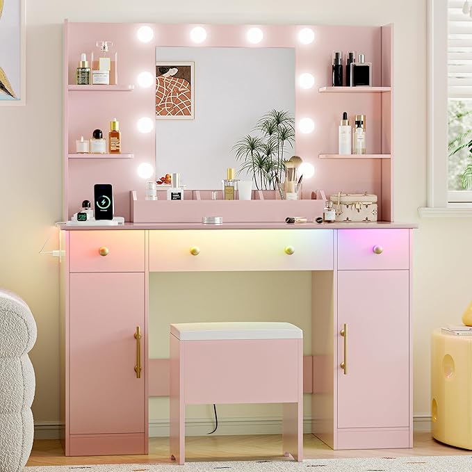 Vanity Desk with Mirror and Lights, 43'' Pink Makeup Dressing Table Set with 5 Drawers & Chair, Power Outlet, 3 Lighting Modes Adjustable Brightness & RGB LED for Women Girls Bedroom Bathroom