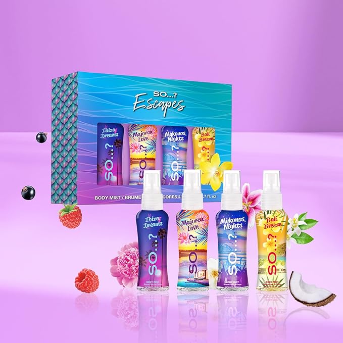 So...? Escapes Body Mist Gift Set - Perfumes for Women - Everyday Body Spray - Vegan, Cruelty-Free - Fragrance Gifts - 4 pcs (Pack of 2)
