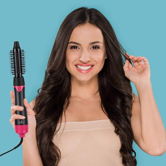 3 in 1 Hair Dryer & Volumizer, Ceramic Negative Ion Curling Dryer Styler with 3 Brush Heads (Rose Black)