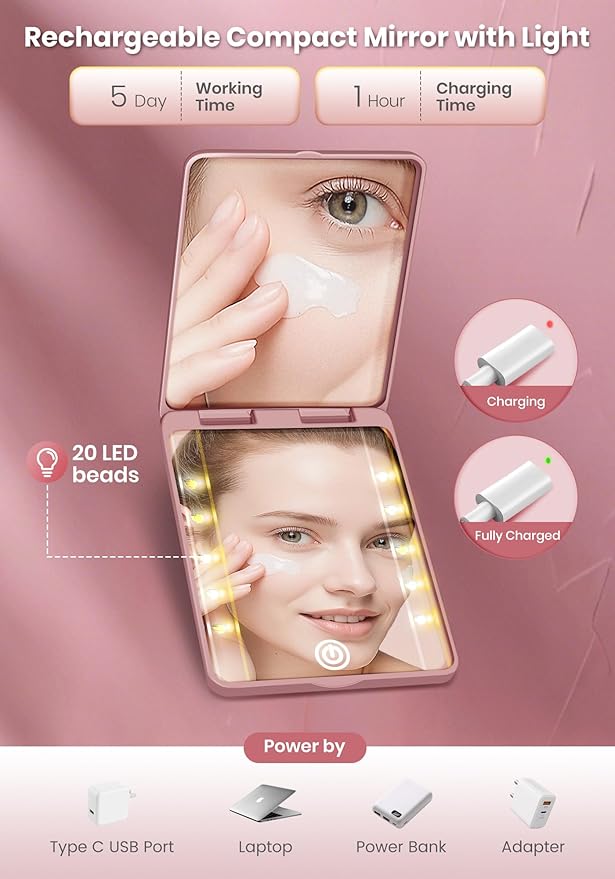 Compact Mirror, Rechargeable 30X Magnifying Mirror with 3 Lighting Modes & Dimmable Brightness, Portable Travel Makeup Mirror with Light, Essentials for Travel, Pocket, Purse, Gifts for Women Rose
