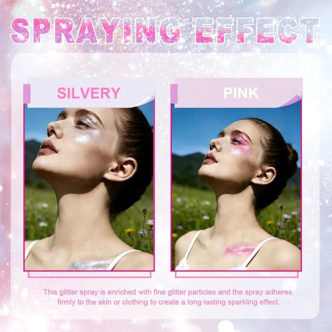Hair and Body Glitter Spray,Long Lasting Quick-Drying Shimmer Mist for Music Festival Revelry, Nightclub Parties and Balls,Hairspray for Clothes, Face Glitter Spray 4.22 Fl Oz (Silver and Pink)