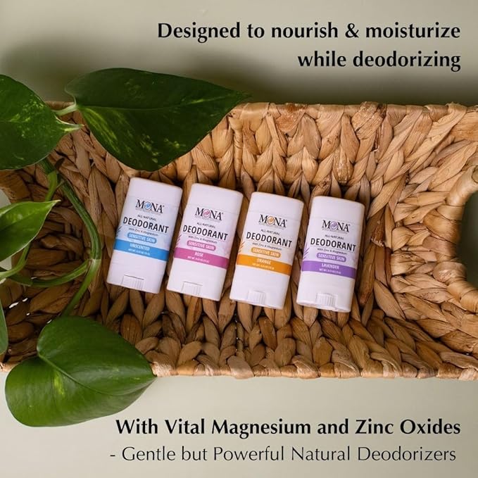 MONA Brands Natural Mini Deodorant for Women & Men, Travel Size 4-Pack, Aluminum & Baking Soda Free, Gentle for Sensitive Skin, Vegan Deodorant Sticks, 0.53 oz Each