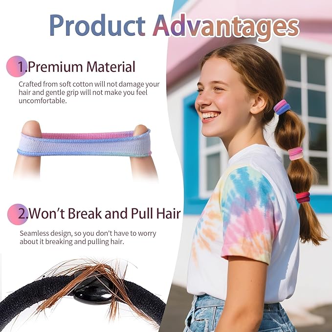 Bessrung 100 PCS Seamless Hair Ties, No Damage Elastic Hair Ties for Women Girls, Strong Hold No Slip Hair Bands, Soft Stretchy Ponytail Holders for Thin Thick Hair Valentine's Gift(Rainbow Color)