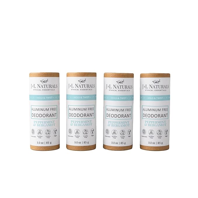 J&L Naturals Aluminum Free Deodorant for Men & Women | 100% Natural Ingredients With Coconut Oil, Shea Butter, & Essential Oils | Sustainable, Eco-Friendly (Peppermint & Bergamot, 3.0 Oz (Pack of 4))