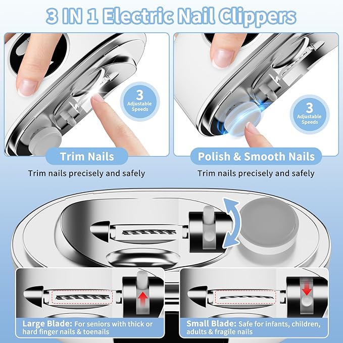Electric Nail Clipper 3-in-1, 2026 Upgraded Painless Automatic Nail Trimmer for Thick Fingernails &Toenails, 3-Speed with LED, Polishing & Storage,Type-C Rechargeable,Safe for Seniors/Adults/Kid/Baby