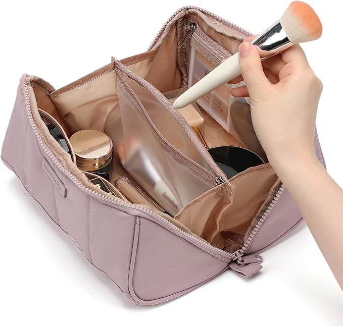 NISHEL Travel Makeup Bag for Women, Fluffy & Lightweight Open Flat Cosmetic Organizer with Multiple Functional Divider for Brush Independent Storage, Handle for Easy Portability, Peach-Pink