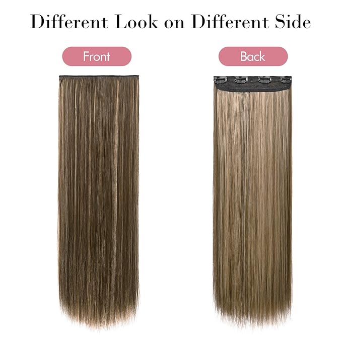 REECHO 24" Straight Long 4 PCS Set Thick Clip in on Hair Extensions Chocolate Brown with Blonde Highlights