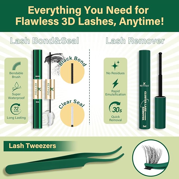 KEYYOU LASH Clusters Kit 3D Effect Eyelash Clusters Kit 231pcs 100D200D 8-16MIX D Curl Individual Lashes Kit Wispy Lashes Volume Cluster Lashes Kit Natural Soft (3D Kit-100D200D-D-8-16MIX)