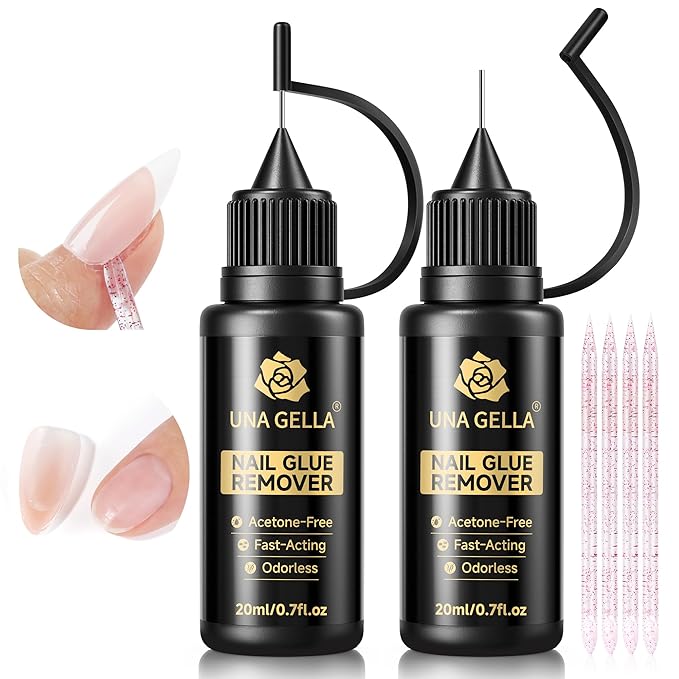 UNA GELLA 20ml*2PCS Nail Glue Remover for Press on, Multi-Functional Pinpoint Glue Remover Fast Removal Gentle Non-Acetone with Crystal Sticks for Nails Polish False Acrylic Nail Tips Home DIY