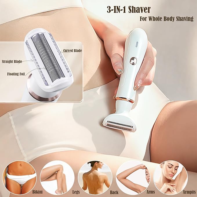 Electric Razor for Women: 2-in-1 Painless Epilator & Hair Removal Kit, Wet&Dry Use, Cordless, Type-C Rechargeable with Facial Hair Trimmer, 3-Blade Shaver Head, Plus Replacement Tip.BEAUTISILK