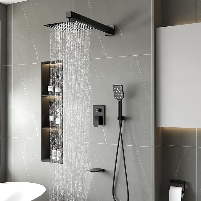 LCEVCGK Shower Faucet Set Complete Matte Black Shower System with 12 inch Square Rainfall Shower Head 3-Function Handheld Shower Waterfall Bathtub Spout Rain Shower Combo Set Bathroom Wall Mounted