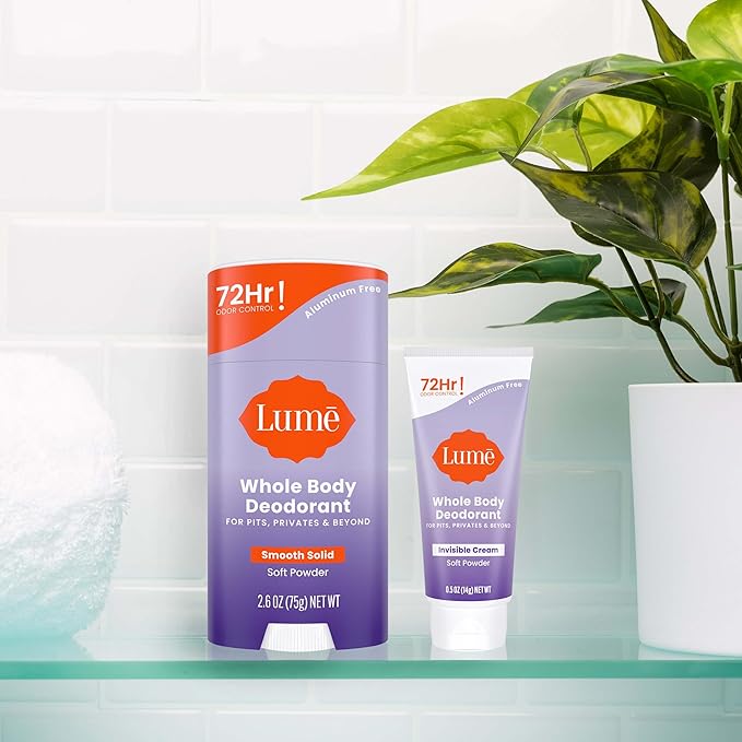 Lume Whole Body Deodorant - Invisible Cream Tube Mini and Solid Stick - 72 Hour Odor Control - Aluminum Free, Baking Soda Free, Skin Safe - 0.5 Oz Mini Tube + 2.6 Oz Solid Stick (Soft Powder)