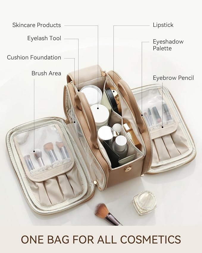 Prite Travel Makeup Bag Women’s Large Capacity Waterproof Cosmetic Organizer Portable Open Flat Toiletry Case with Free-standing Brush Holder and Handle(Beige Brown Large)