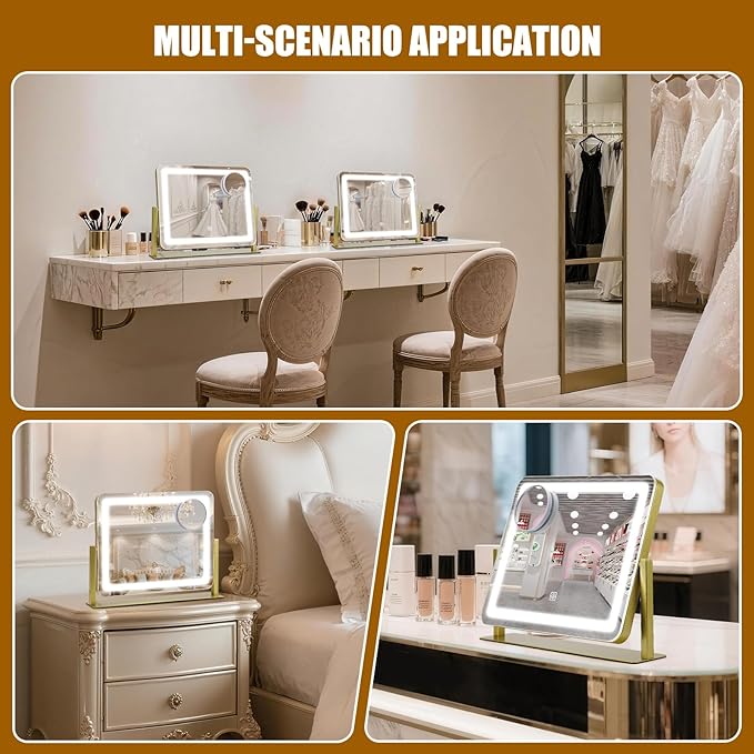 Vanity Mirror with Lights, 16"×12.4" LED Makeup Mirror, Rounded Frame, 10X Magnification, Smart Touch with 3-Color Lighting, Dimmable, 360° Rotation, Lighted Up for Makeup Desk, Bedroom (Gold)