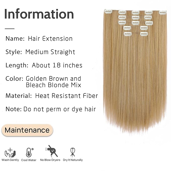 Hair Extensions Clip Ins Synthetic 18 Inch Long Straight Invisible Extension 5PCS Soft and Natural Fake Cheap Clips on Hairpieces for Women Party Daily Use 6.5 Oz Golden Brown Mix Bleach Blonde