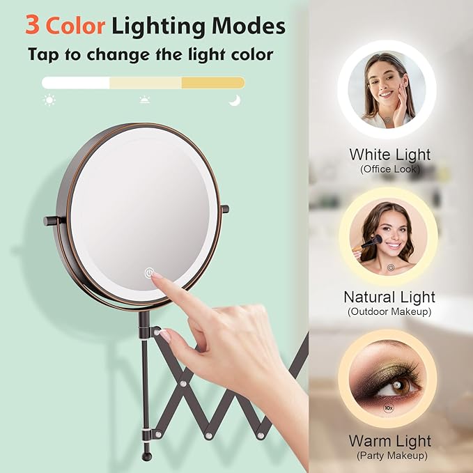 Rechargeable Wall Mounted Makeup Mirror - 8 Inch Double Sided 30X/5X Magnifying Mirror with 3 Color Lights Dimmable Touch Screen, 360°Swivel 19.6 Inch Extendable Accordion Bathroom Mirror