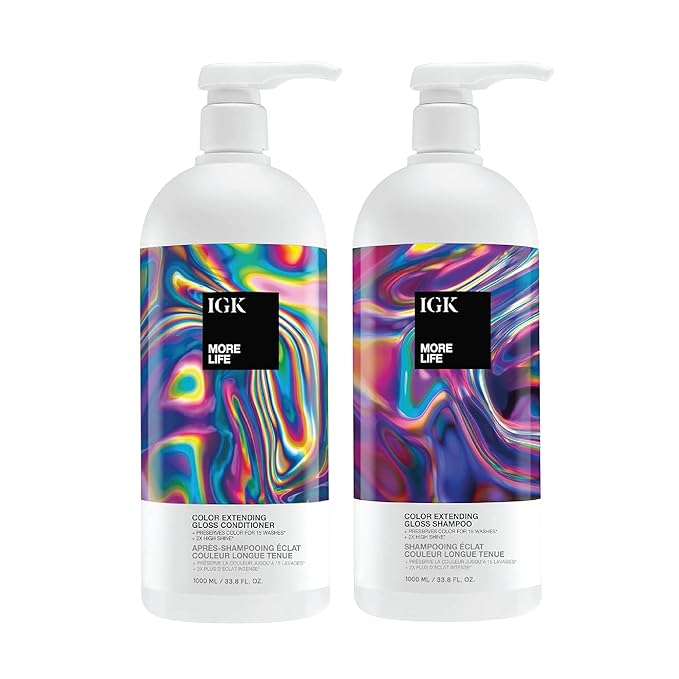 IGK MORE LIFE Color Extending Gloss Shampoo & Conditioner Set | Preserves Color + Enhances Shine | UV Protection | Vegan + Cruelty-Free | 33.8 oz (Pack of 2)