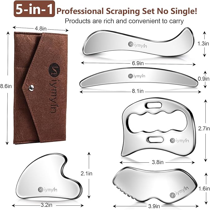 5-in-1 Stainless Steel Muscle & Fascia Scraper Tool Set, for Body Skin Massage and Sore Muscles, Myofascial, Iastm Tools, Soft Tissue Mobilization Tools, Full Body Gua Sha Kit, New Year Gift (5PCS)