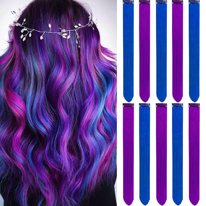 Colored Purple Hair Extensions 10 PCS, Rainbow Party Highlights Clip in Synthetic Hair Extension, Colorful Hairpiece for Women Gift Blue Hair Piece(Purple+Blue, 22 In)