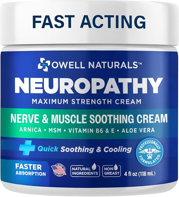 Owell Naturals Neuropathy Nerve Cream, Greaseless, with Arnica, Aloe Vera, MSM, Vitamin B6 for Feet, Hands, Legs, Toes Discomfort, 4 Fl Oz (Pack of 1)