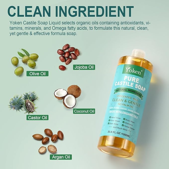 Yoken EWG Verified Castile Soap Liquid Unscented 33.8 fl oz Pure Castile Liquid Cleanser Made With Organic Oil, Clean & Gentle, Natural Castor Oil Soap for Body Wash, Hand, Dishes, Laundry