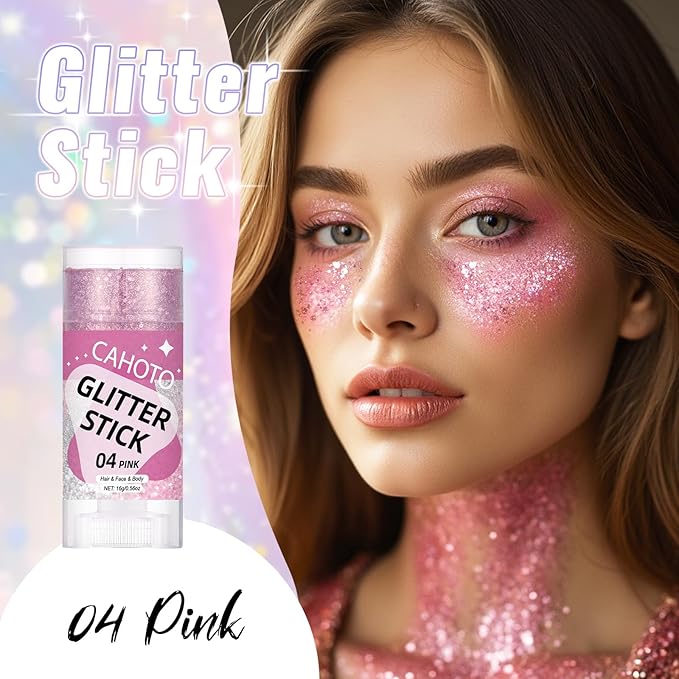 Pink Face Body & Hair Glitter Stick for Singer Concerts Outfit, Shimmer Stick Gel for Women, Sparkling Holographic Chunky Sequins for Carnival Halloween Festival Fairy Dust Makeup, 0.56oz