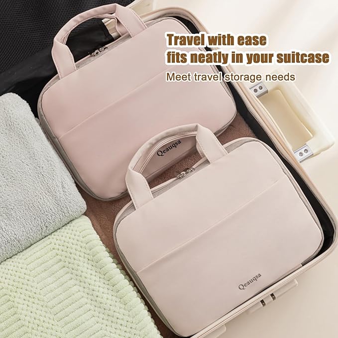 Qeauqsa Makeup Bag Organizer, Large Hanging Toiletry Bag for Women with Leakproof Compartments, Travel Cosmetic Case for Full Sized Toiletries & Brushes Travel Cosmetic Bag Cruise Essentials - Pink
