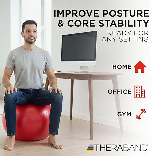 TheraBand - 23025 Exercise Ball, Professional Series Stability Ball with 55 cm Diameter for Athletes 5'1" to 5'6" Tall, Slow Deflate Fitness Ball for Improved Posture, Balance, Yoga, Pilates, Core, Red
