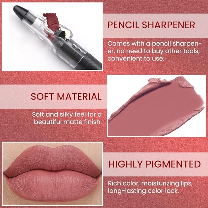 JUAAZIN Spanish Pink Matte Lip Liner Crayon with Sharpener - Waterproof Smudgeproof Long-Wear Lip Pencil, Creamy Pigmented Lip Crayon for Women, 12HR Stay Silky Velvet Lip Liner 01#