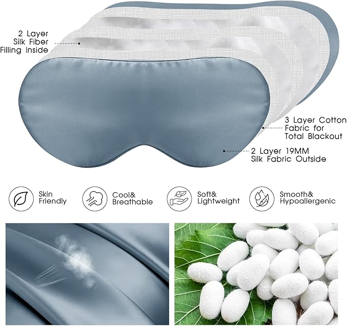 SILKTALE Mulberry Silk Blackout Adjustable Sleep Eye Mask for Men/Women Travel Plane,Ash Blue