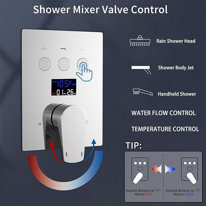 WHSHOWER Digital Display Shower Faucet Set With 14x20 Inch LED Rainfall Shower Head,Brass Handheld Sprayer And 6pcs Body Jets,Full Body Shower System (Chrome)