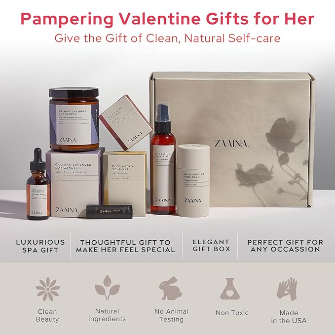 ZAAINA Spa Gift Set for Her - Luxury Self Care Spa Kit for Women, Valentine Spa Gift Basket, Pampering At Home Bath and Body Relaxation Spa Package, Gifts for Mom Wife Friend, Birthday Gifts for Women