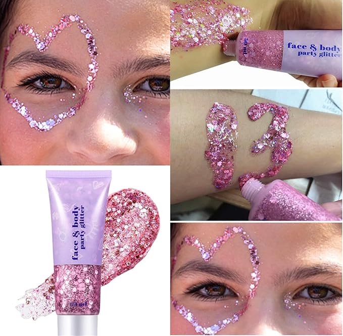 Go Ho Pink Face Body Glitter Gel,Singer Concerts Pink Face Paint Makeup Holographic Chunky Sequins Glitters for Hair/Nails/Lip,Music Disco Outfit for Women,Festival Accessories,52g